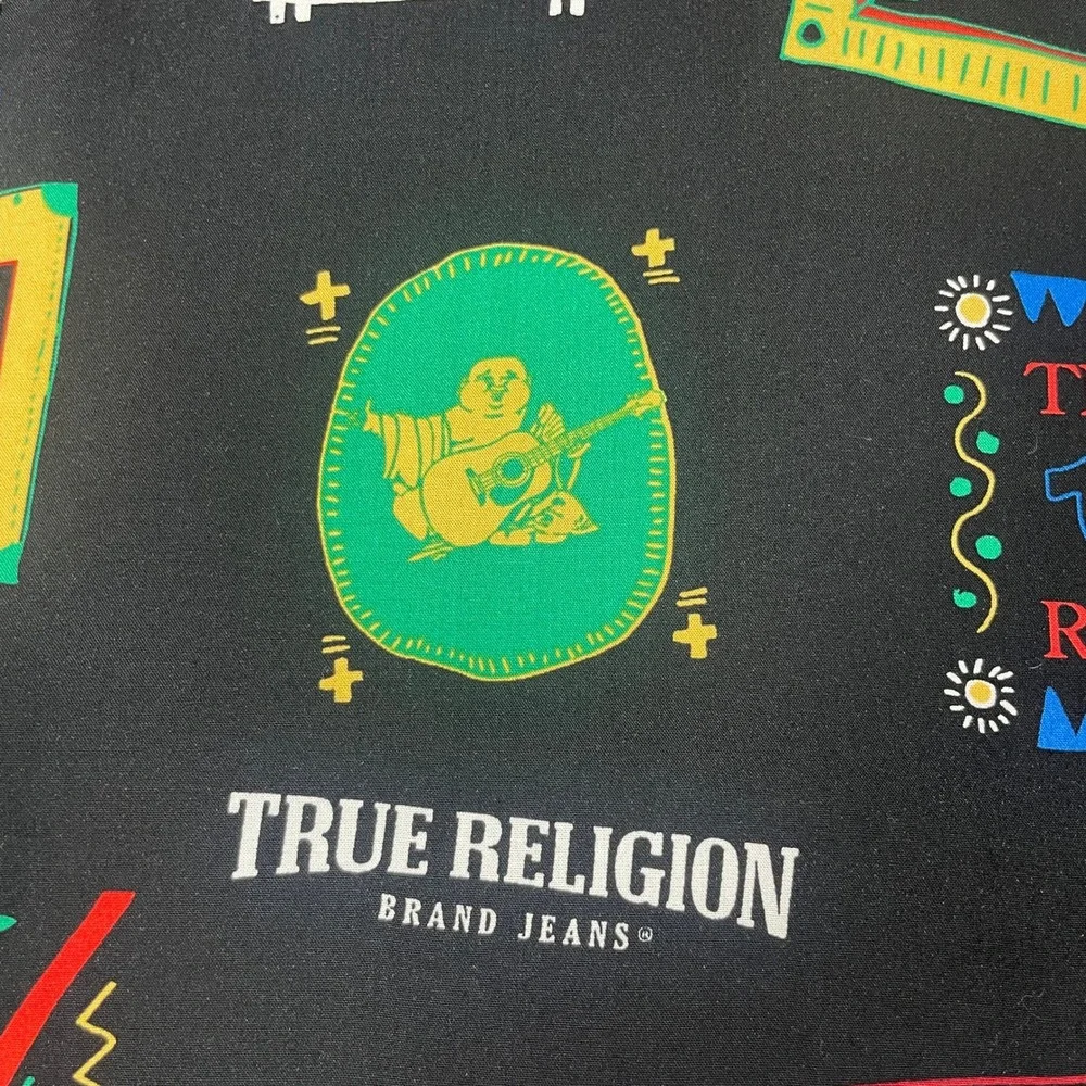 True Religion Resort Shirt Mens Large Black NWT SS Camp Collar Graphic Buddha